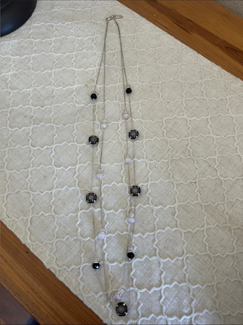 NY and Co Long Silver Multi-Bead Necklace with Pale Pink and Black Accents